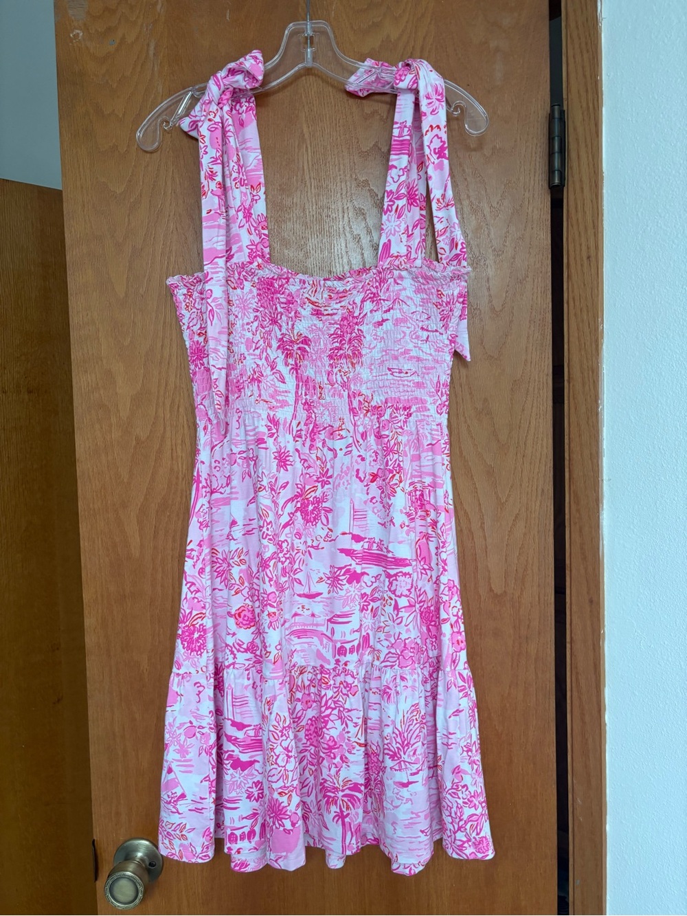 VGUC Lilly Pulitzer Kailua smocked knit dress pink toile Seaside Scene L Med - Picture 2 of 5